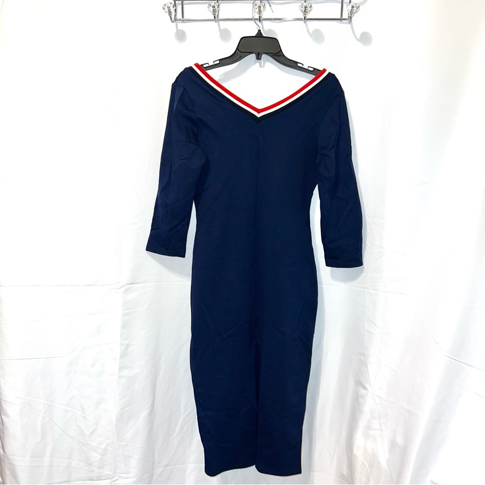 Charlotte Russe Varsity Vibes Navy Blue V Neck Midi Dress - Picture 3 of 5